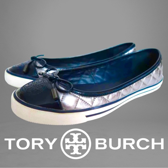 Tory Burch Shoes - TORY BURCH Skyler Sliver Metallic & Rare Navy Patent Leather Slip On Ballet Flat